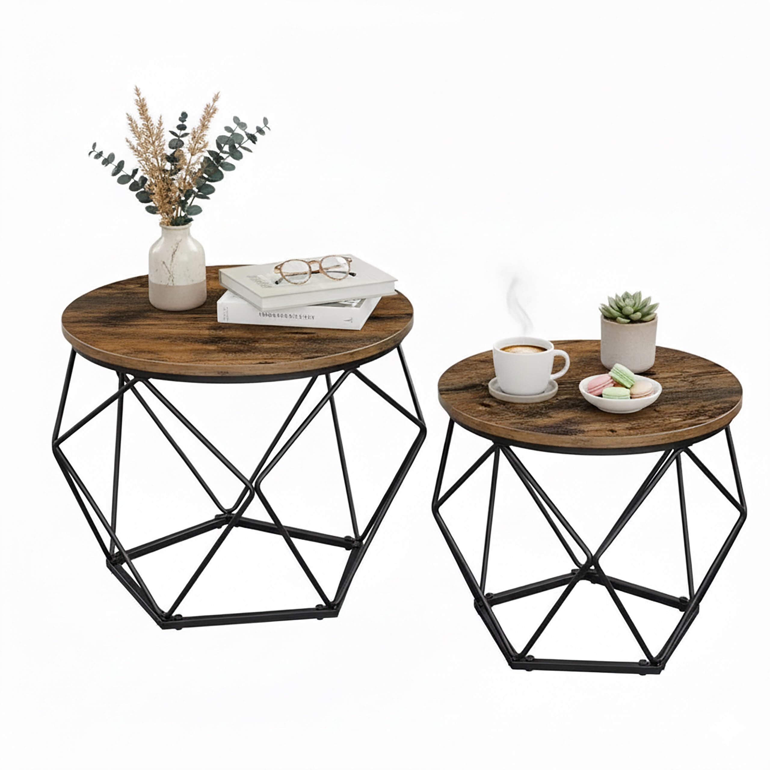Relaxdays Couchtisch, 2er Set, Holzoptik & Metall, Industrial-Design, runde Beistelltische, Wohnzimmer, braun/schwarz