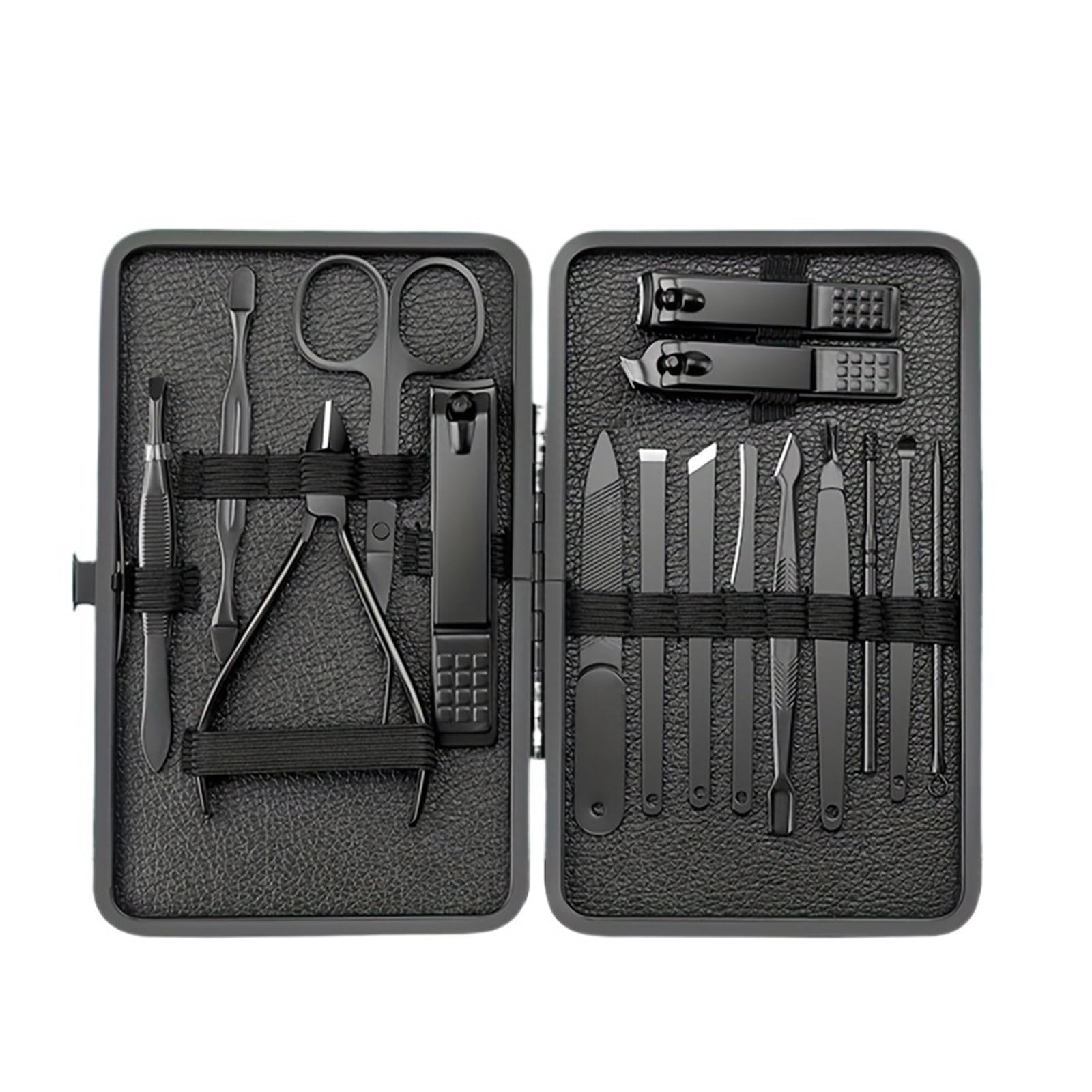 Kit de manicura y pedicura acero inoxidable, tijeras cortaúñas, herramienta aseo con Estuche De Viaje, color negro, 7/10/16/18 Uds(16 PCS SET)