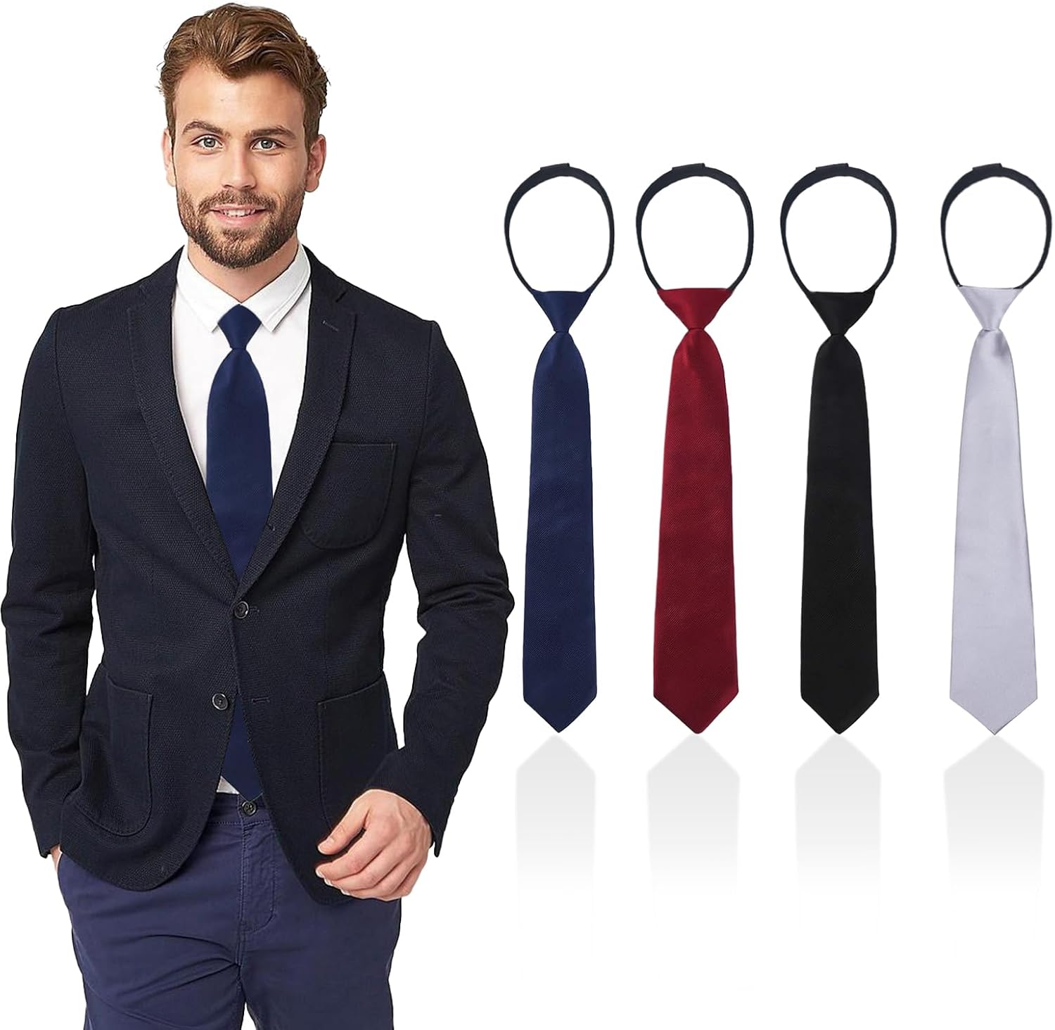 Zipper Ties for Men, Men's Clipon Ties, Solid Uniform Pretied Neck