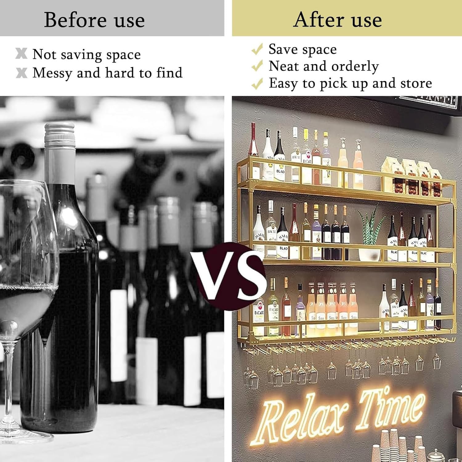 Estante para vinos con LED, soporte para botellas de vidrio montado en la pared debajo del estante, estantes flotantes para licores, organizador de almacenamiento y exhibición,GoldThree-story-150cm