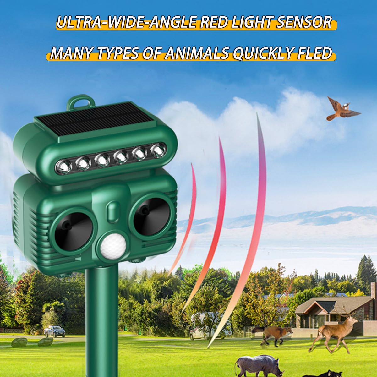 Repellente per gatti da giardino con ricarica solare, sensore di luce rossa, luce flash LED, 4 livelli regolabili, portata 8-12 metri per gatti, cani, volpi, uccelli