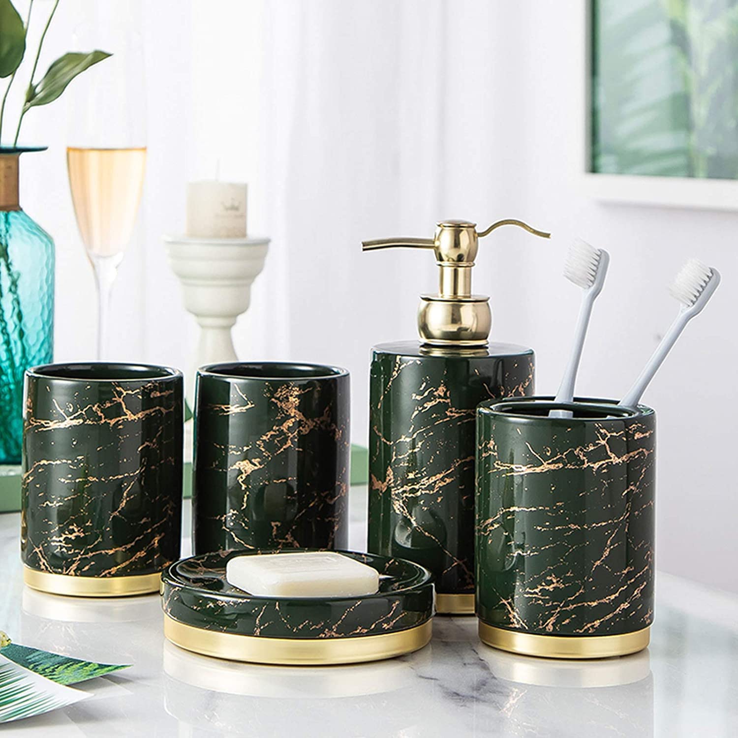 Zestaw Łazienkowy Luksusowy Ciemnozielony Zestaw Akcesoriów Łazienkowych Home And Apartment Essentials Ceramiczny Do Kąpieli Na Prezent Wystrój Pojemniki