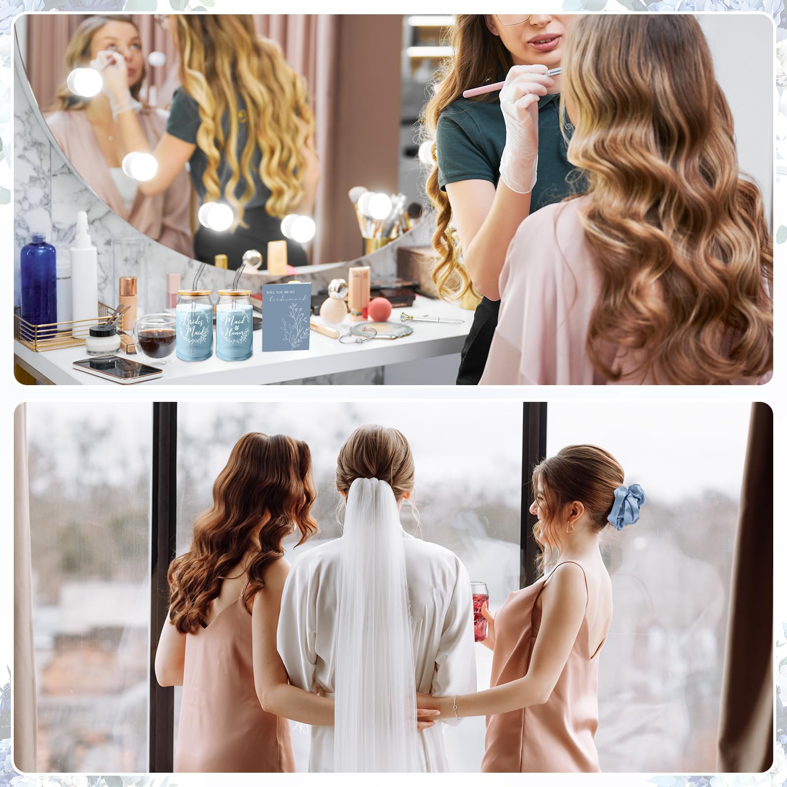 Irenare 36 Pcs Bridesmaid Proposal Gifts Bridal Shower Gifts 16 oz Glass Cup Cosmetic Makeup Bags Invited Cards Scrunchies Hair Knotted Bracelets Diamond Pens Favors for Wedding (Blue)