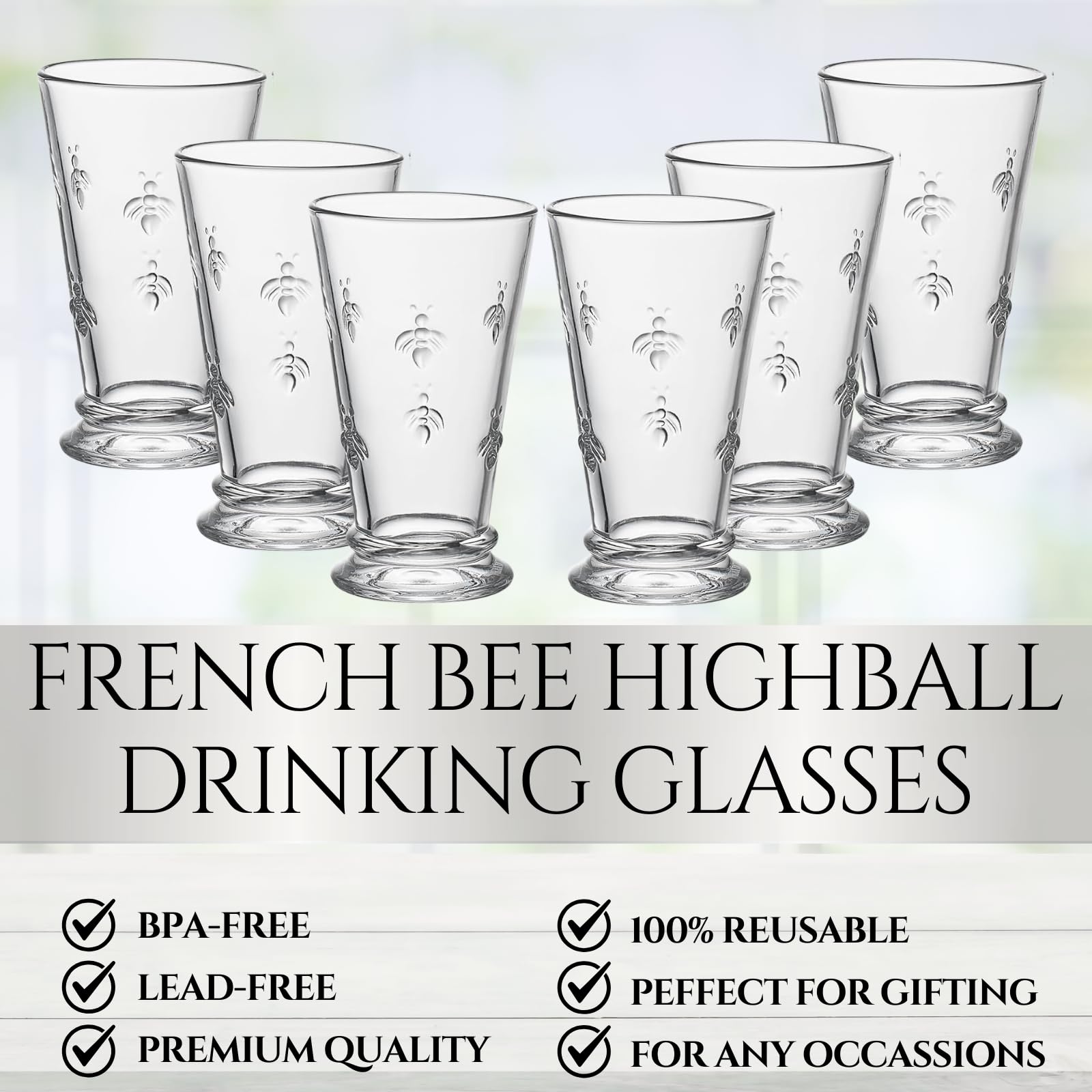 French Bee Highball Glasses | Set Of 6 | Clear Drinking Glass 13 OZ, Old Fashioned Glasses with Bees Embossed Design, Fine Crystal French Glassware, Drinking Glasses, Heavy Water & Juice Glasses Gift