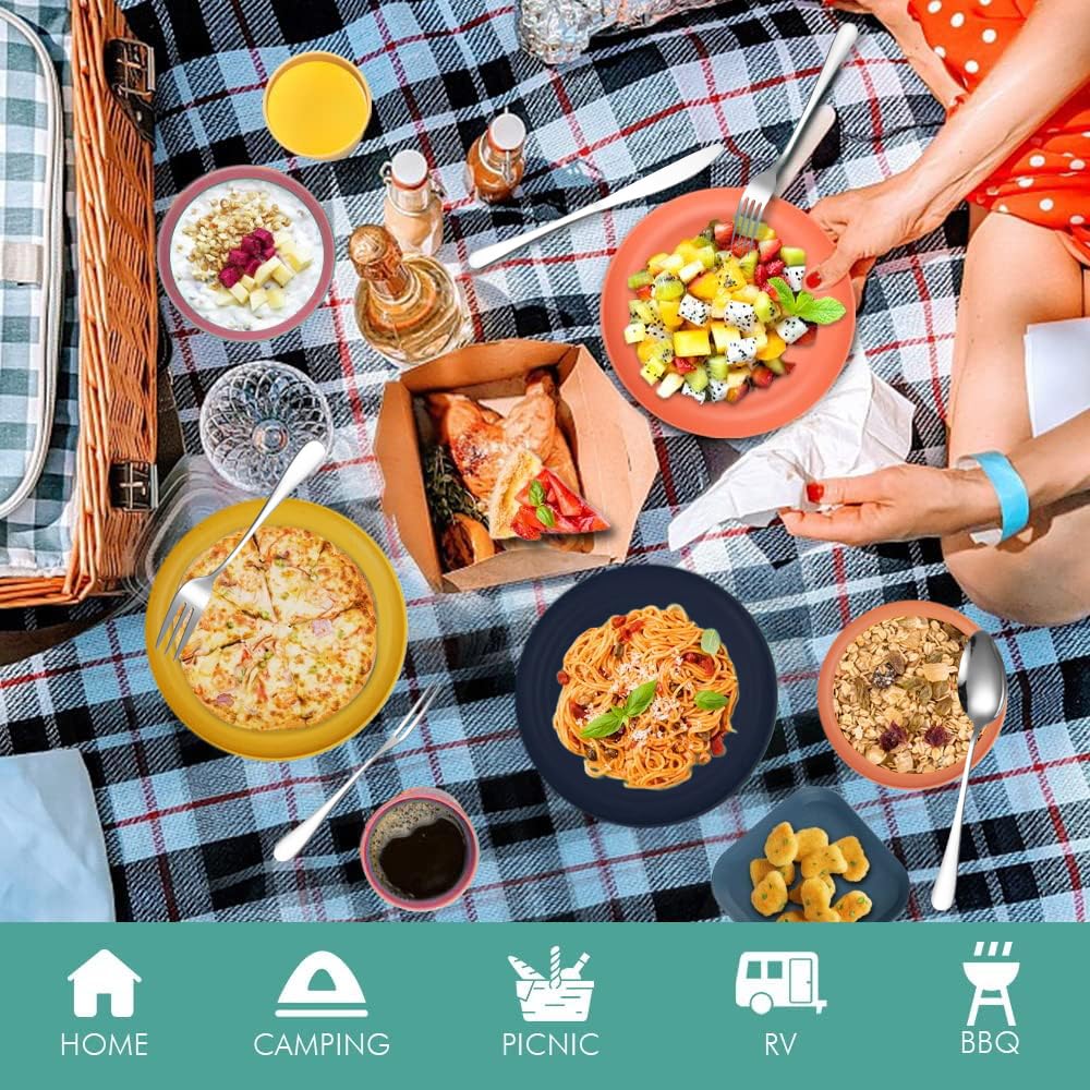 Kit Vaisselle Camping,Assiette Plastique Reutilisable,pour 4 Personnes Vaisselle Camping Car,Set Pique Nique de 40 Pièces,Bols, Couverts,Assiettes et Tasses pour Pique-, en Plein Air