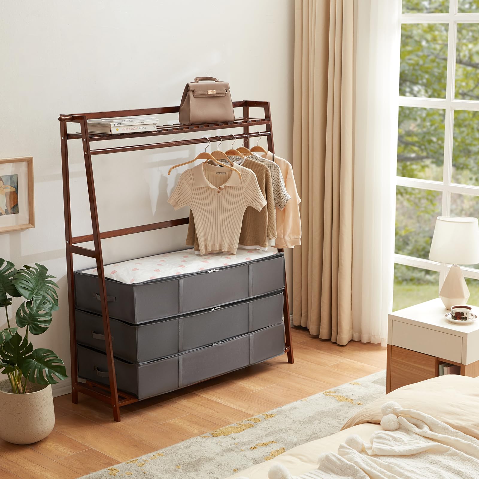 Lifewit Confezione da 4 Contenitori Portaoggetti Sottoletto per Coperte con Maniglia Rinforzata, Organizer per Piumoni, Lenzuola, Vestiti per Camera da Letto, Armadio, Grigio