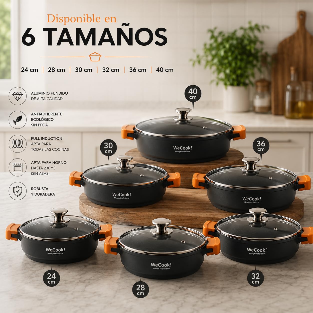 WECOOK Cazuela Baja Ecochef Titanio, 28 cm, 5 L, Negro, Inducción | Antiadherente QUANTANIUM 5 capas sin PFOA, Aluminio fundido 5 mm, Apta horno 230°C, Tapa vidrio templado, Lavavajillas