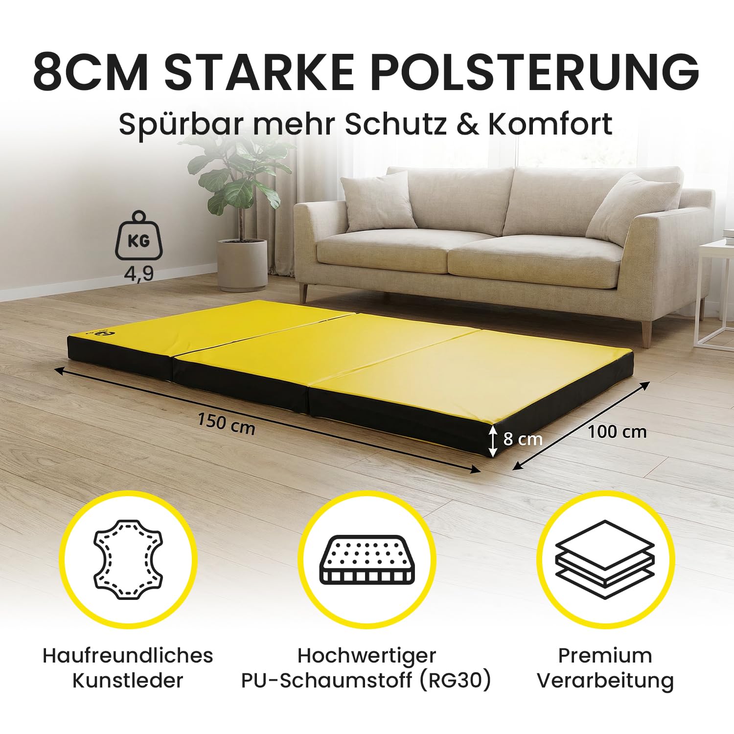 Jeflex - klappbare Weichbodenmatte & Turnmatte 150 x 100 x 8 cm MADE IN GERMANY/Gymnastikmatte tragbar/platzsparende Fitnessmatte & Yogamatte/Spielmatte für Kinderzimmer