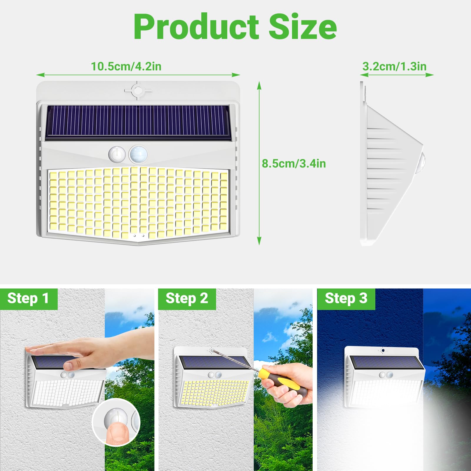 nifipy Luce Solare LED Esterno, 168LED Faretto LED da Esterno con Sensore di Movimento, IP65 Impermeabile Lampada Solare da Esterno, 3 Modos Luci Solari da Giardino, Parete-2 Pezzi/Cornice Bianca