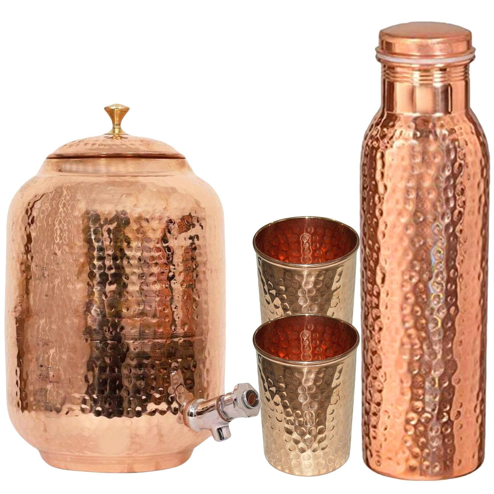 Dispenser d'acqua in rame puro, capacità 8 l, finitura martellata, benefici per la salute ayurvedica, include 2 bicchieri abbinati e 1 bottiglia di rame, bicchieri artigianali per guarigione e