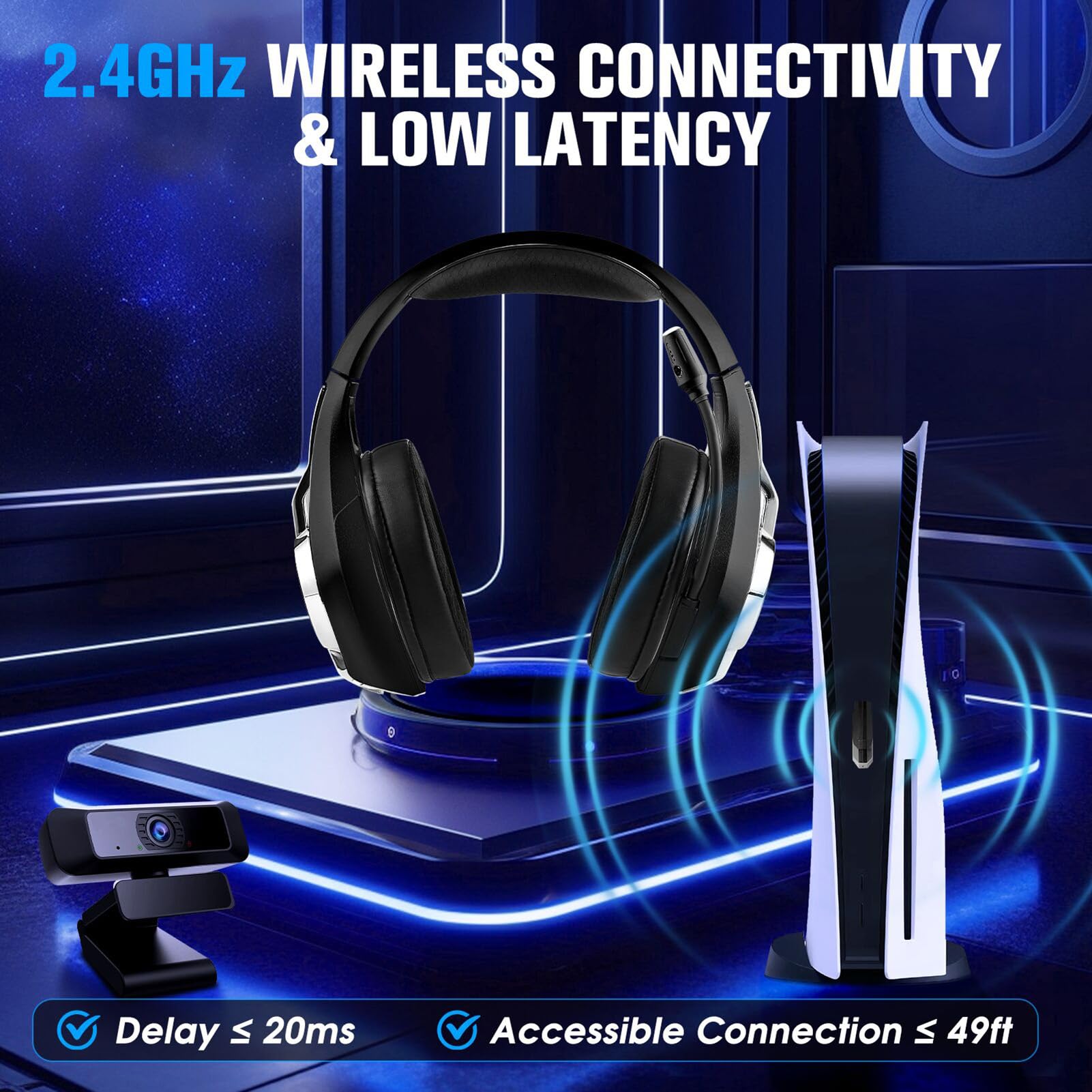 lyrlody Cuffie da Gioco Wireless, Cuffie da Gioco da 2,4 GHz e con Surround 7.1, Microfono con Cancellazione del Rumore, Driver da 40 Mm, RGB Sopra l'orecchio per Console PC Giocatori Mobili (BLACK)