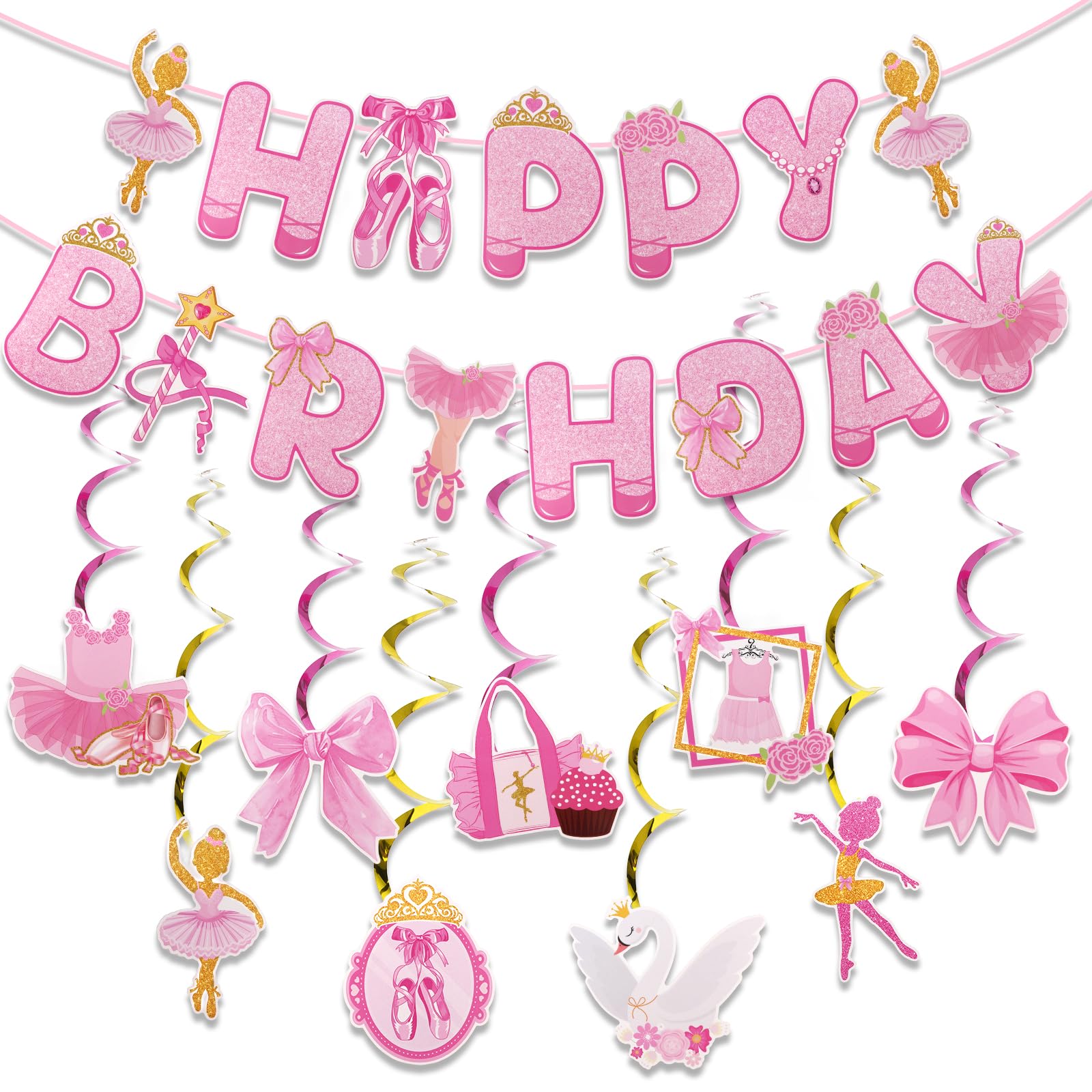 Exipsat Ballerina Geburtstagsdeko Set, Pink Glitzer Happy Birthday Girlande Mit Wellenbanner, Mädchen Kindergeburtstag Deko Für Ballerina-Themen-Partys