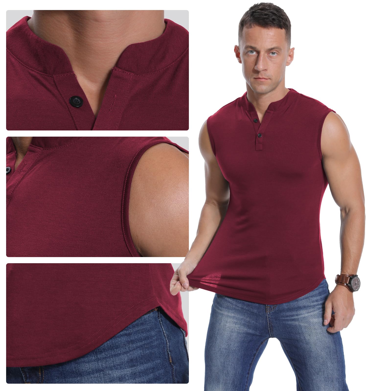 KUYIGO Camiseta Deportiva sin Mangas Henley para Hombre, Camiseta Deportiva Ajustada para Correr