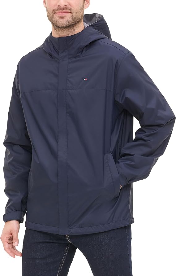 Tommy Hilfiger Men's Lightweight Breathable Waterproof Hooded Rain Jacket Raincoat