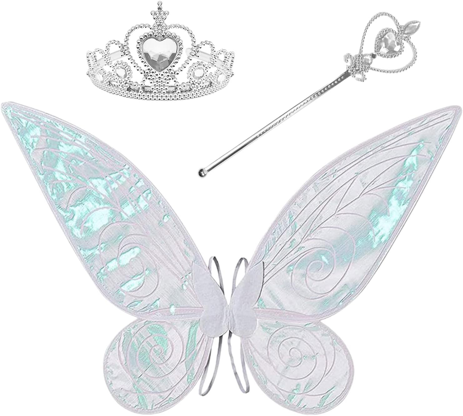 MIVAIUN 3Pcs Fairy Wings Set Butterfly Wings for Adult Kids Fairy Angel Princess Costume Wings Angel Wings Crown Fairy Wand For Halloween Carnival Mardi GrasThemed Party Birthday (White), 60*48cm