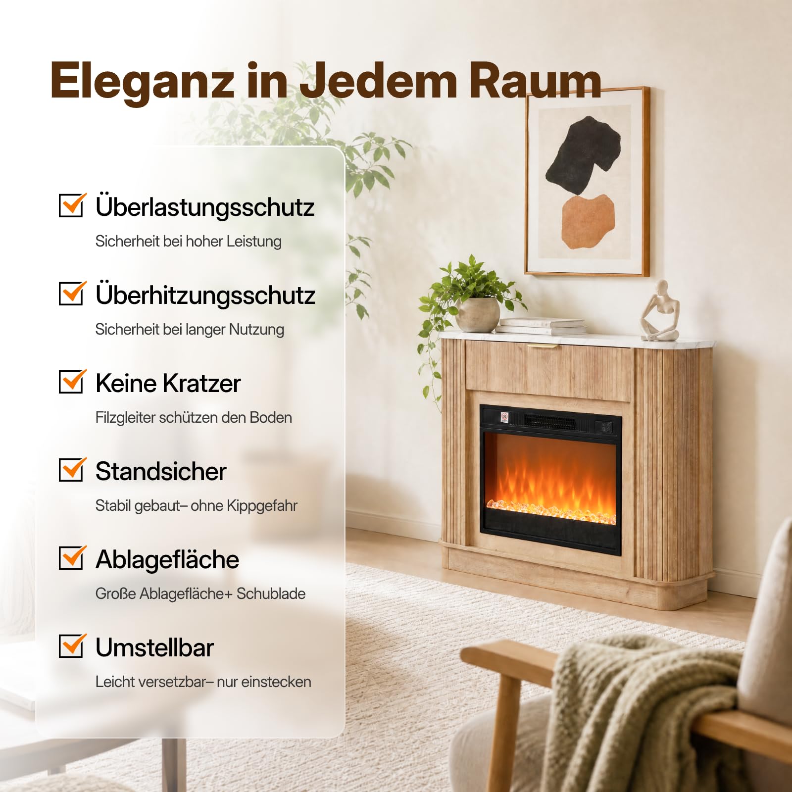 NorthSky Elektrokamin mit Heizung 1800W, 39 Zoll Standkamin mit Kaminsims & Marmorplatte, 23 Zoll 3D LED Flammeneffekt, 7 Farben 10 Modi, Fernbedienung & Timer, Stauraum Schublade, Wohnzimmer