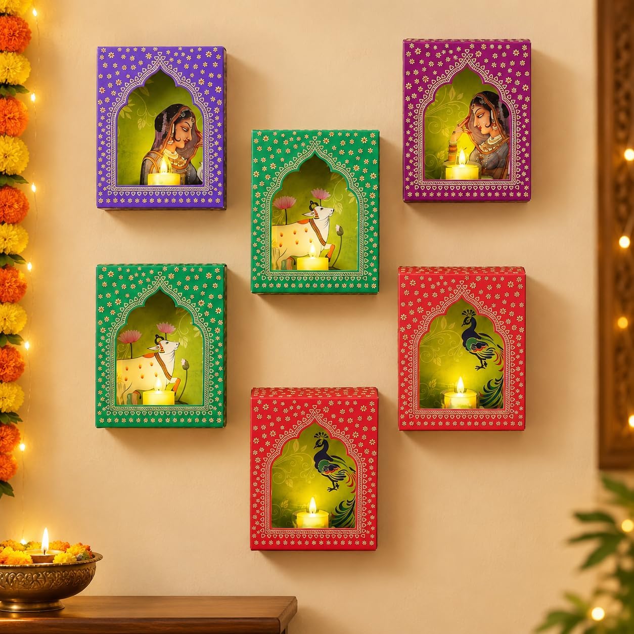 CraftVatika Jharokha Diyas Set of 6 with LED Candle Diwali Decoration Items, Wall Hanging, Home Decor Items Festive Decor Item, DIY Craft Traditional Jharokha Box for Hanging