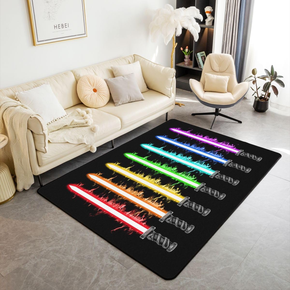 Feelyou Lightsaber Area Rug 3x5 Kids Colorful Decorative Carpet Set for Boys Teens Lightsaber Grommet Living Room Rugs Future Technology Indoor Floor Mat Room Decor