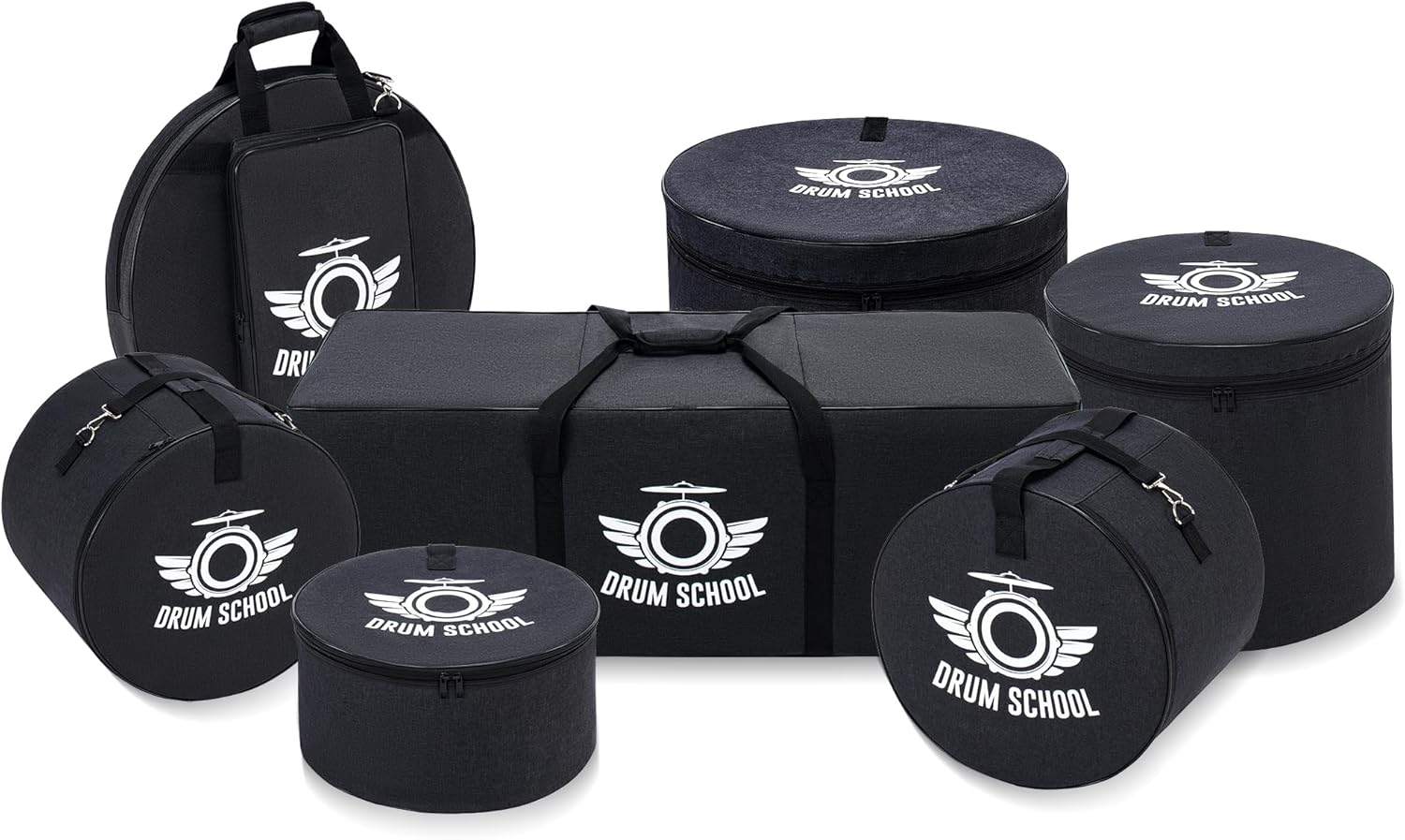 Drum Bags Set 7-pcs, Drum Cases Carrying Bag Set Thick Padded for 12" / 13" Tom, 14" Snare, 16" Floor Tom, 22" * 18" Bass, 22" Cymbal, Hardware Bag, Heavy Duty, Durable (Standard)