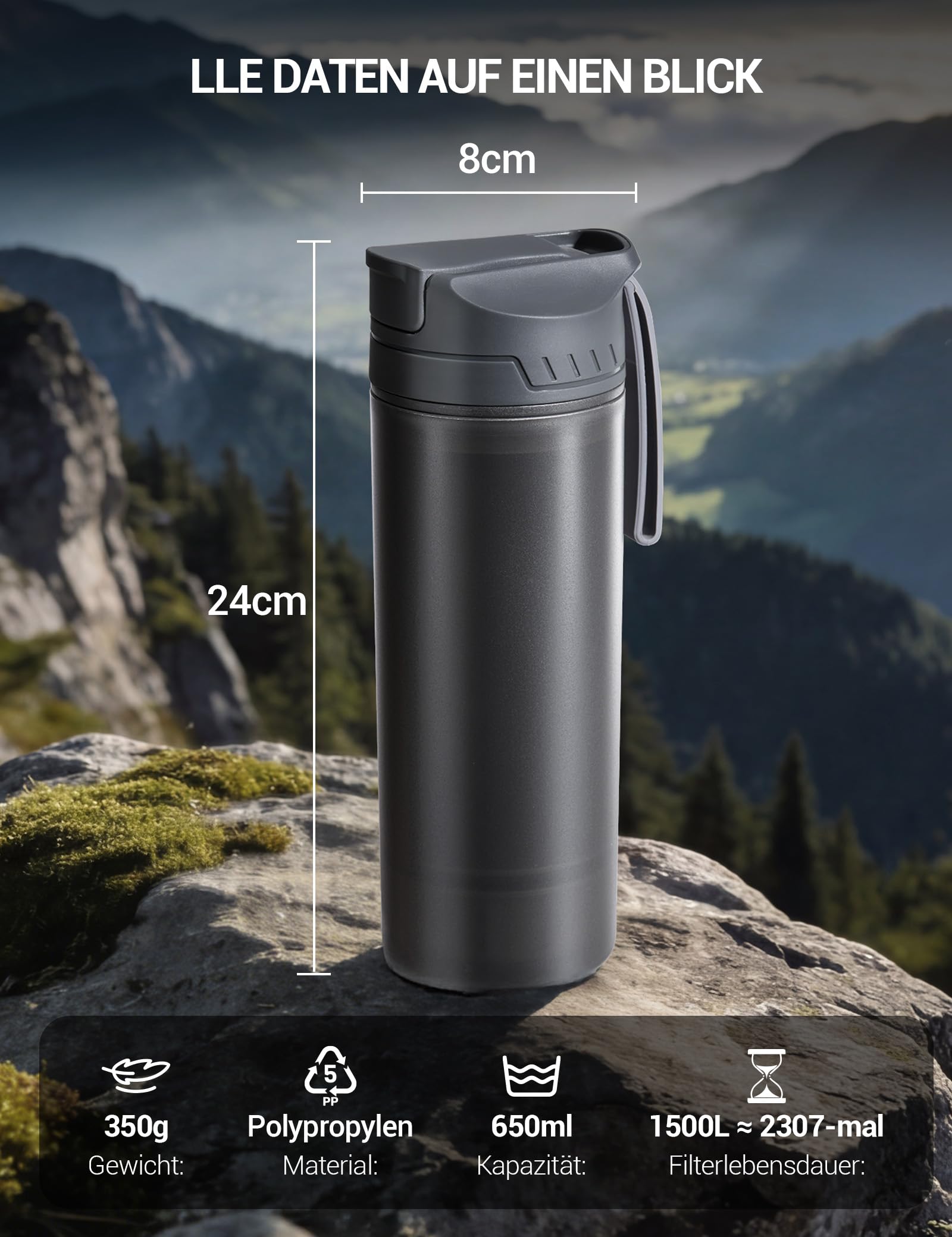 Profi Wasserfilter Outdoor Flasche 650ML, Entfernt 99,99% Aller Bakterien und Partikel Schwermetalle, 1500L Filterkapazität, Survival Prepper Wandern Outdoor Camping Ausrüstung (Schwarz 650ML)