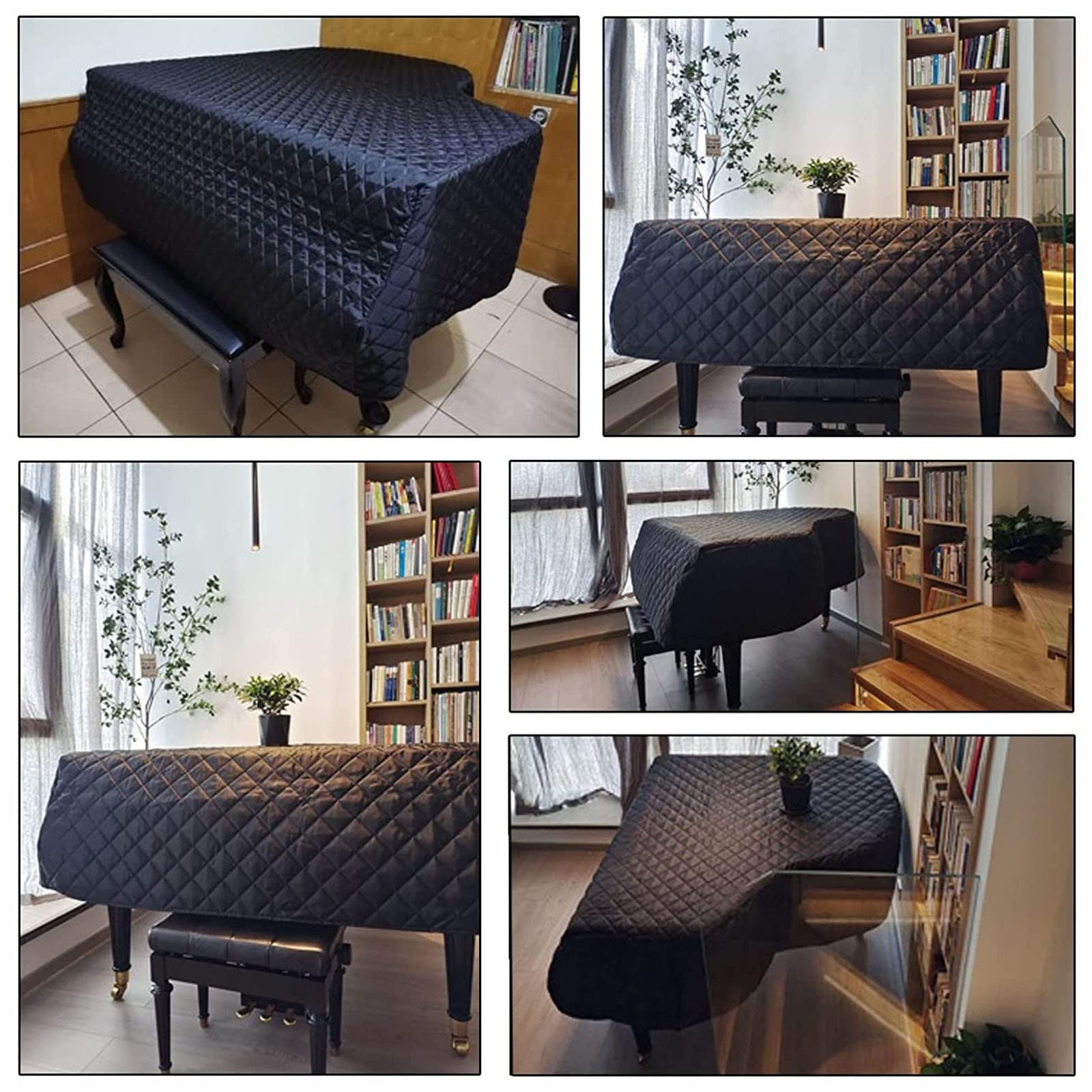 Copertura per Pianoforte, Copertura Completa per Pianoforte a Coda Addensata - Fodera in Cotone Addensato Personalizzata Nera - Doppio Strato Addensato - Copertura per Pianoforte a Coda/C/180