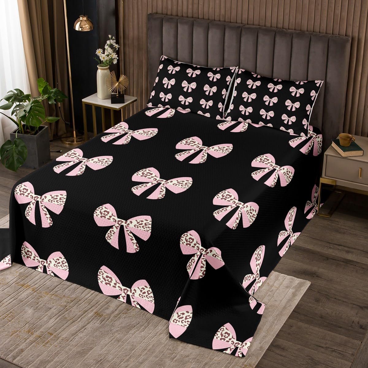 Bowknot Quilt Set for Kids Teens,Pink Leopard Print Bow Bedspread Coverlet,Fairy Girly Style Bedding Set Decorative Quilted 3 Pieces Coverlet Set with 2 Pillow Shams,King Size