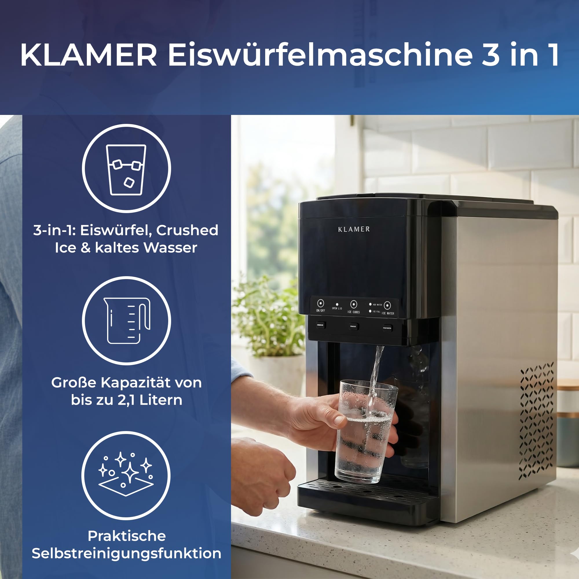 KLAMER 3-in-1 Eiswürfelmaschine, Crushed Ice & Eiswasser, 18–20 kg/24h, Kugeleis 12 Stück in 7 Min, 2,1 L Tank, Ice Maker, Wasserspender, Selbstreinigung