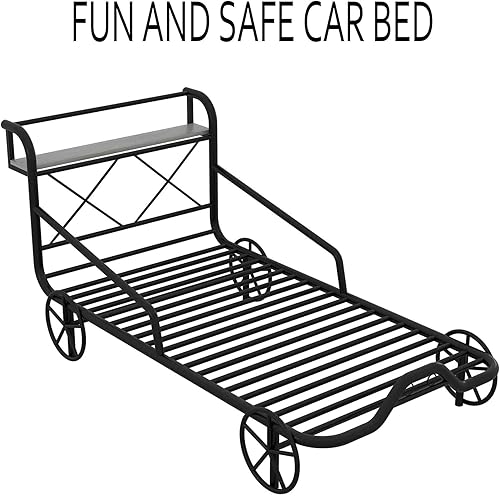 Miniatura 3 de Cama individual para automóvil con 4 ruedas, barandillas, estante de almacenamiento para niños, adolescentes, niños y niñas, marco de cama de