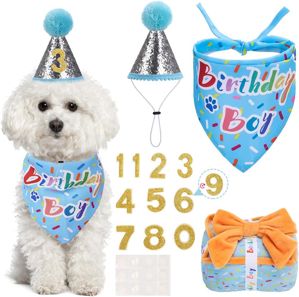 SCENEREAL Dog Birthday Boy Bandana and Reusable Dog Birthday Hat with 0-8 Figures, Come with Squeaky Plush Birthday Gift Box, Fit for Puppy Birthday Party Celebration