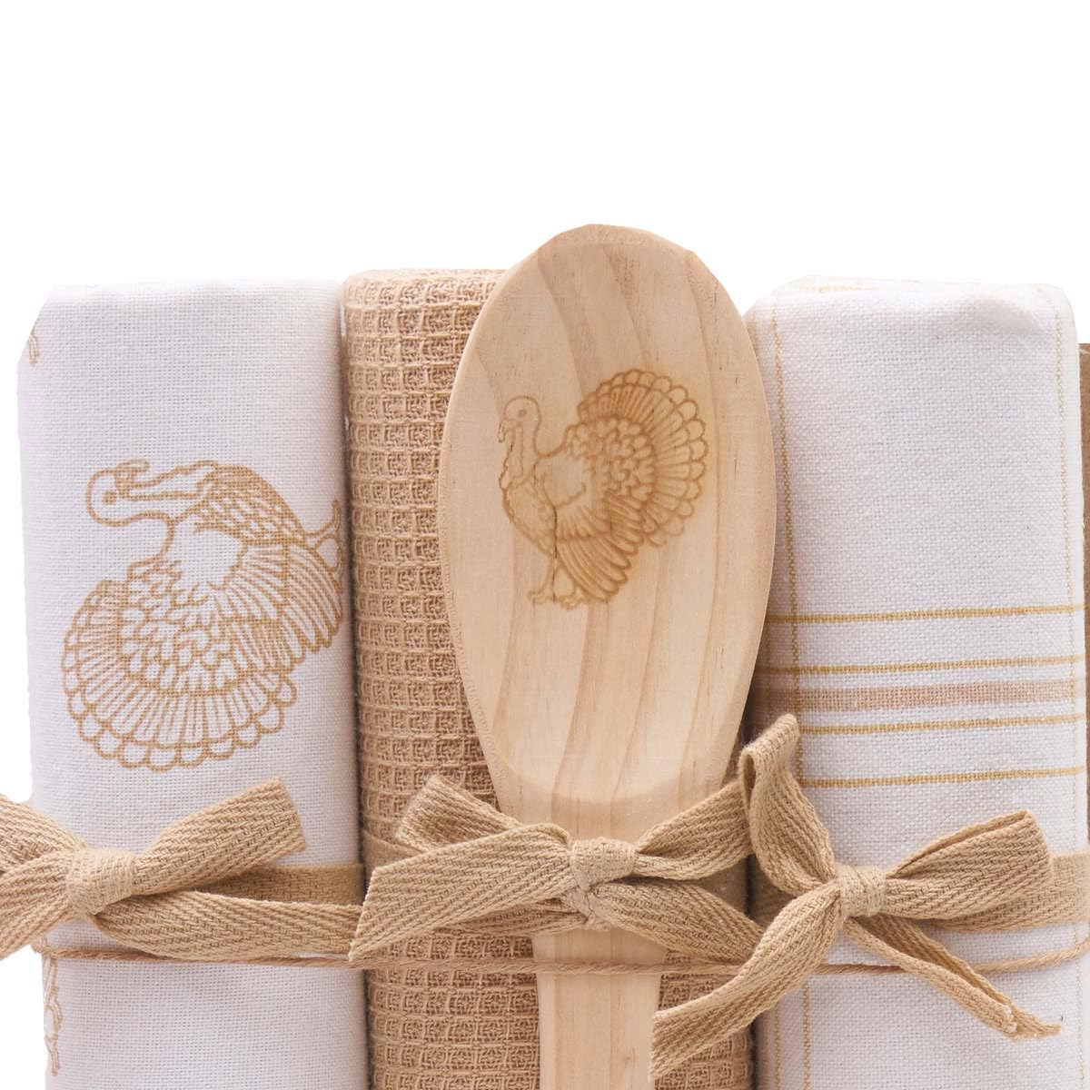 C&F Home Turkey Time & Plaid Towel & Spoon Gift Bundle S/4 Beige