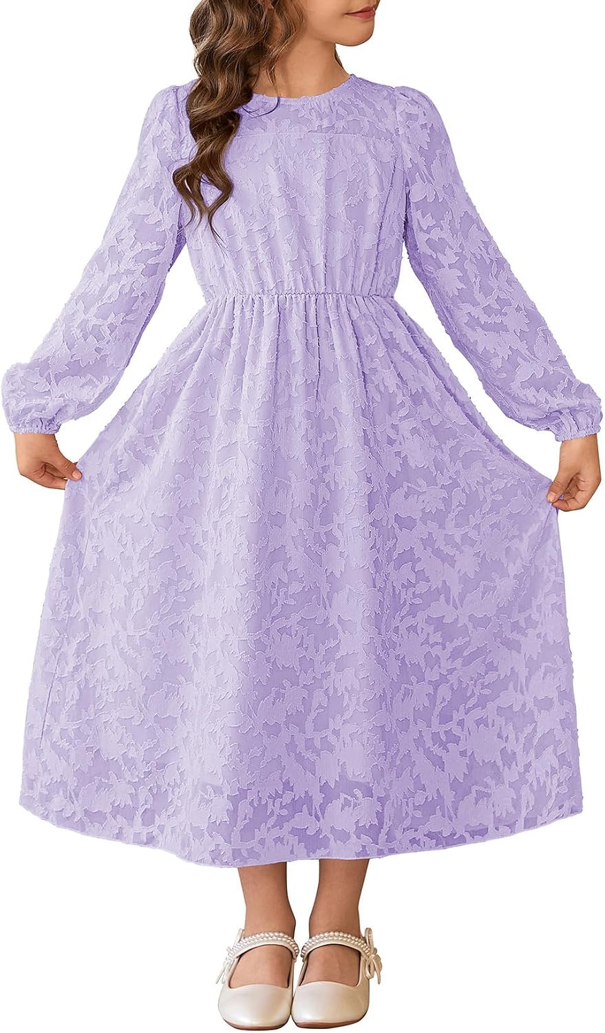 blibean Girls Fall Dresses Long Sleeve Maxi Wedding Size 6-15 Years | Floral, Keyhole Back, Elastic High Waisted, Flower Girl Wedding Guest Dressy Clothes