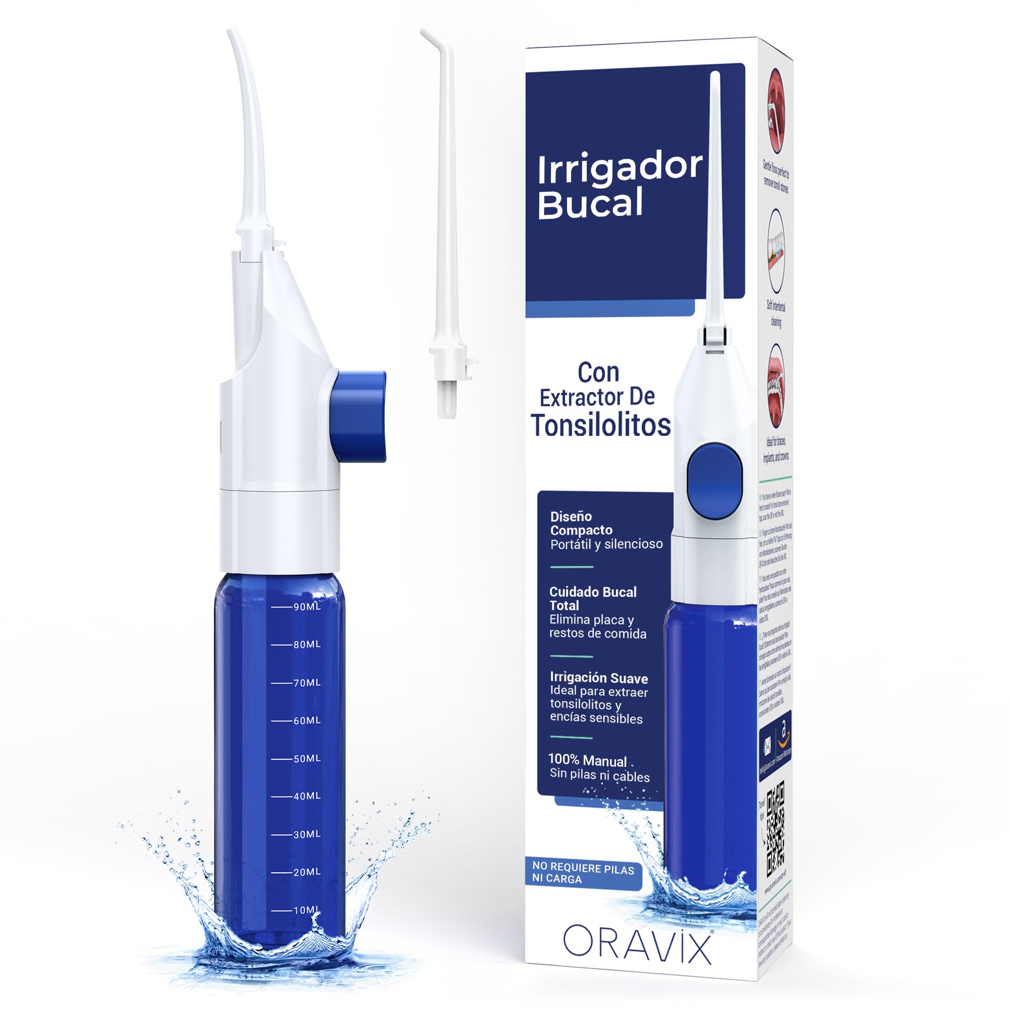 Oravix Irrigador Dental Portatil, Irrigador Bucal con 2 Boquillas: Limpieza Dental y Extractor de Tonsilolitos Viaje, Solución Para Eliminar el Mal Aliento, Depósito Agua 90 ml