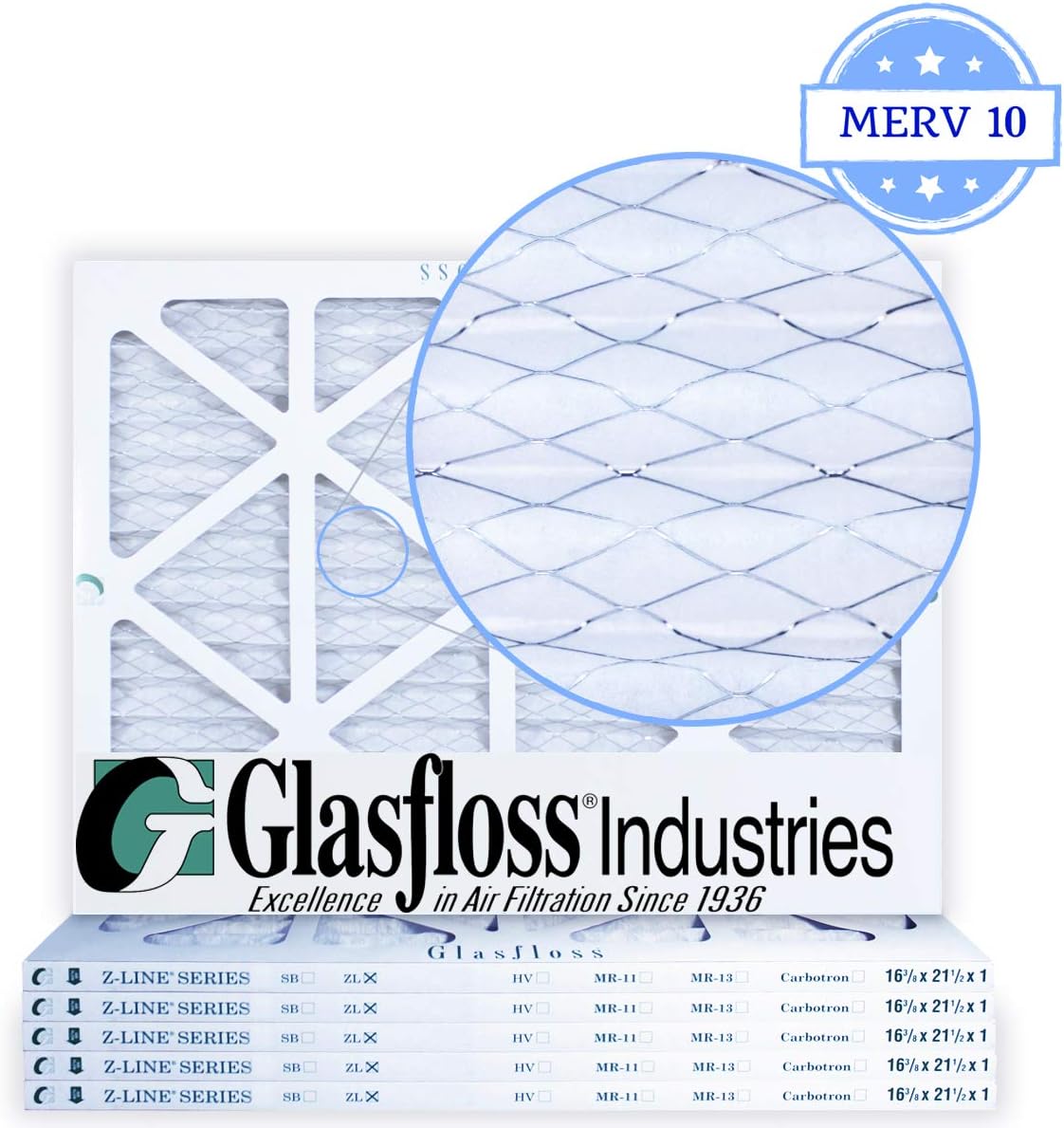 Glasfloss 16-3/8 x 21-1/2 x 1 Air Filters (Case of 6), MERV 10, Pleated, Made in USA
