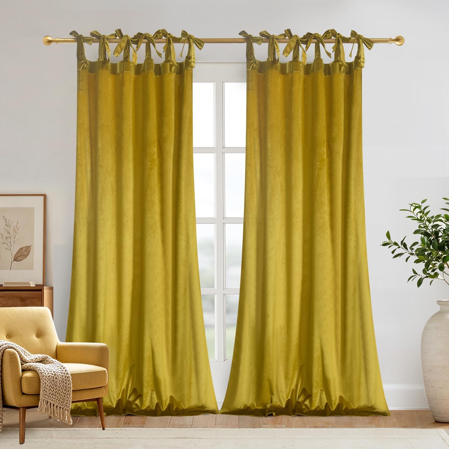 Yellow Bow Velvet Curtain Set, W52 x L84-inch | 2 Panels, Curtains with Bows, For Living Room/Bedroom