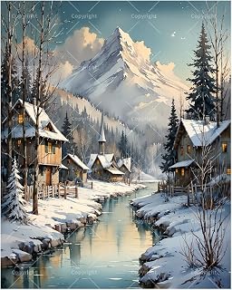 Winter Paint by Numbers Kit for Adults - DIY Snowy Mountain Village by River Painting on Canvas 16x20 Inches, Acrylic Paint Set, Suitable for Beginners, Art for Home Decoration or Gifts