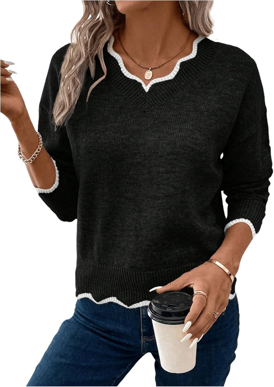 MakeMeChic Women's 2024 Fall Sweaters Long Sleeve Lettuce Trim Lightweight Ribbed Knit Casual Pullover Sweater Tops