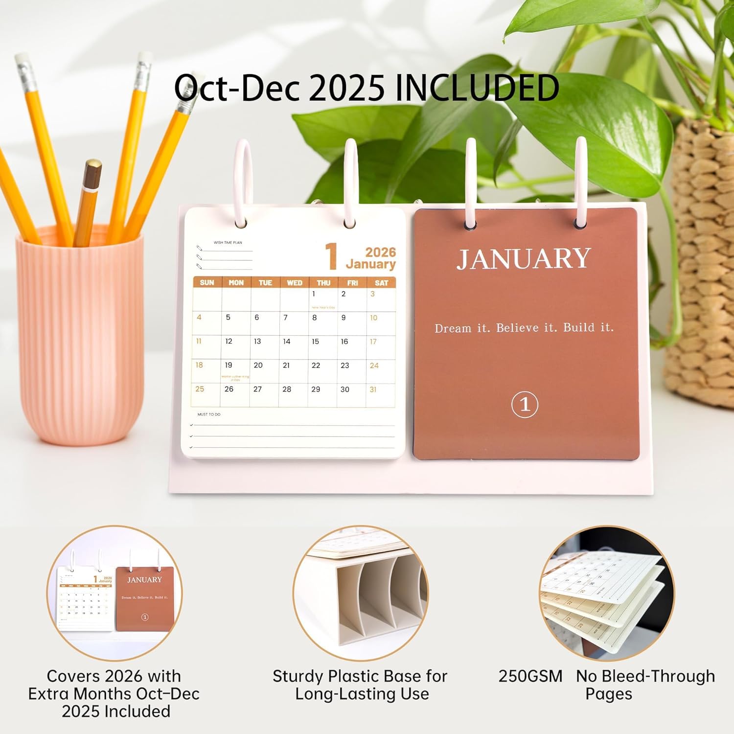 Small Desk Calendar 2025-2026, Dec 2025 to Dec 2026, Monthly Decorative Flip Calendar for Desk with Motivational Quotes, Cute Desk Decor, Office Supplies, 10" x 6", White