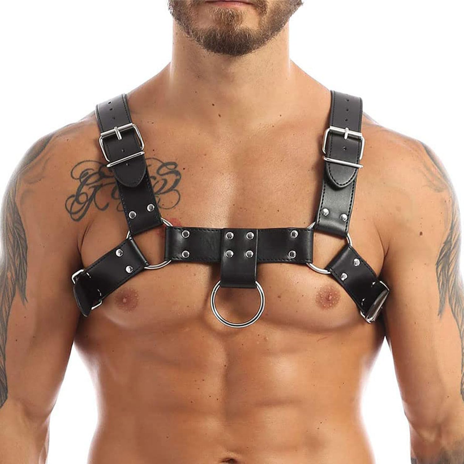 YEMYIQZMen Faux Leather Harness Adjustable Buckle Garter Belt Cosplay Nightclub Sexy Punk Corselet, One Size, Corselet, One size