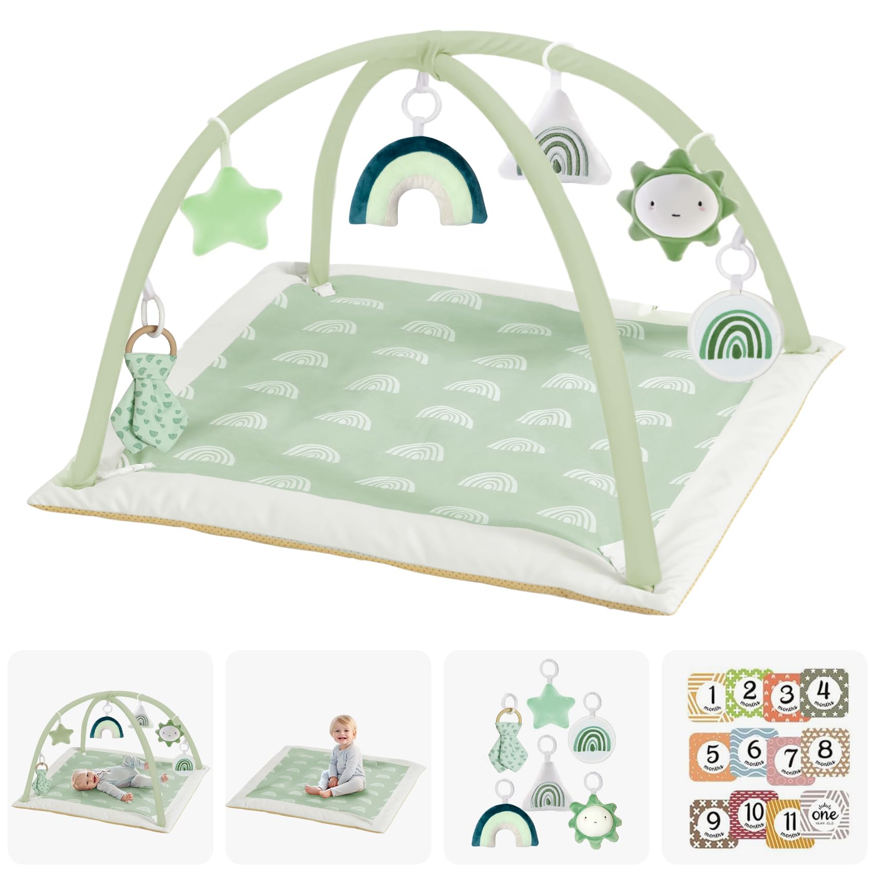 Mallify Spielbogen Baby Mädchen, Krabbeldecke für Baby mit 6 abnehmbaren sensorischen Spielzeugen und 12 bunten Meilensteinkarten, Spieldecke baby ab Geburt, Baby Gym 0-6 Monate, Grün
