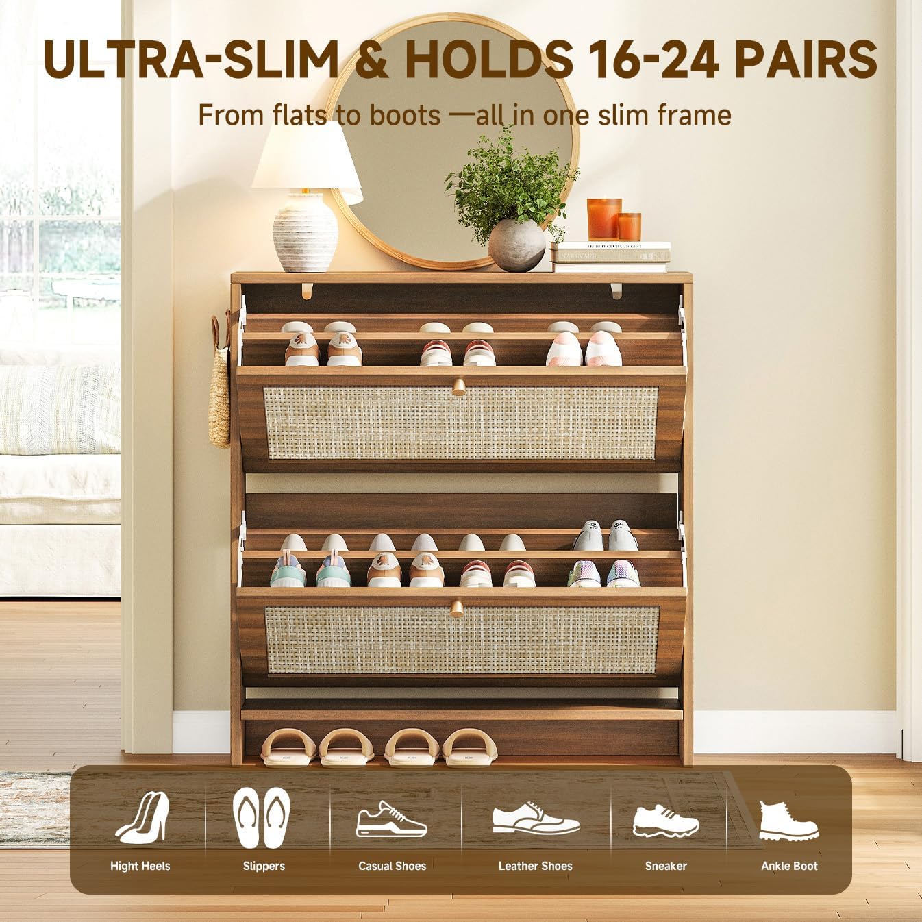 Nicetree Shoe Cabinet Storage for Entryway, 2-Flip Drawer Narrow Shoe Rack with Adjustable Shelves, Boho Modern Square Rattan Shoe Organizer, Slim Wood Storage Cabinets for Small Spaces