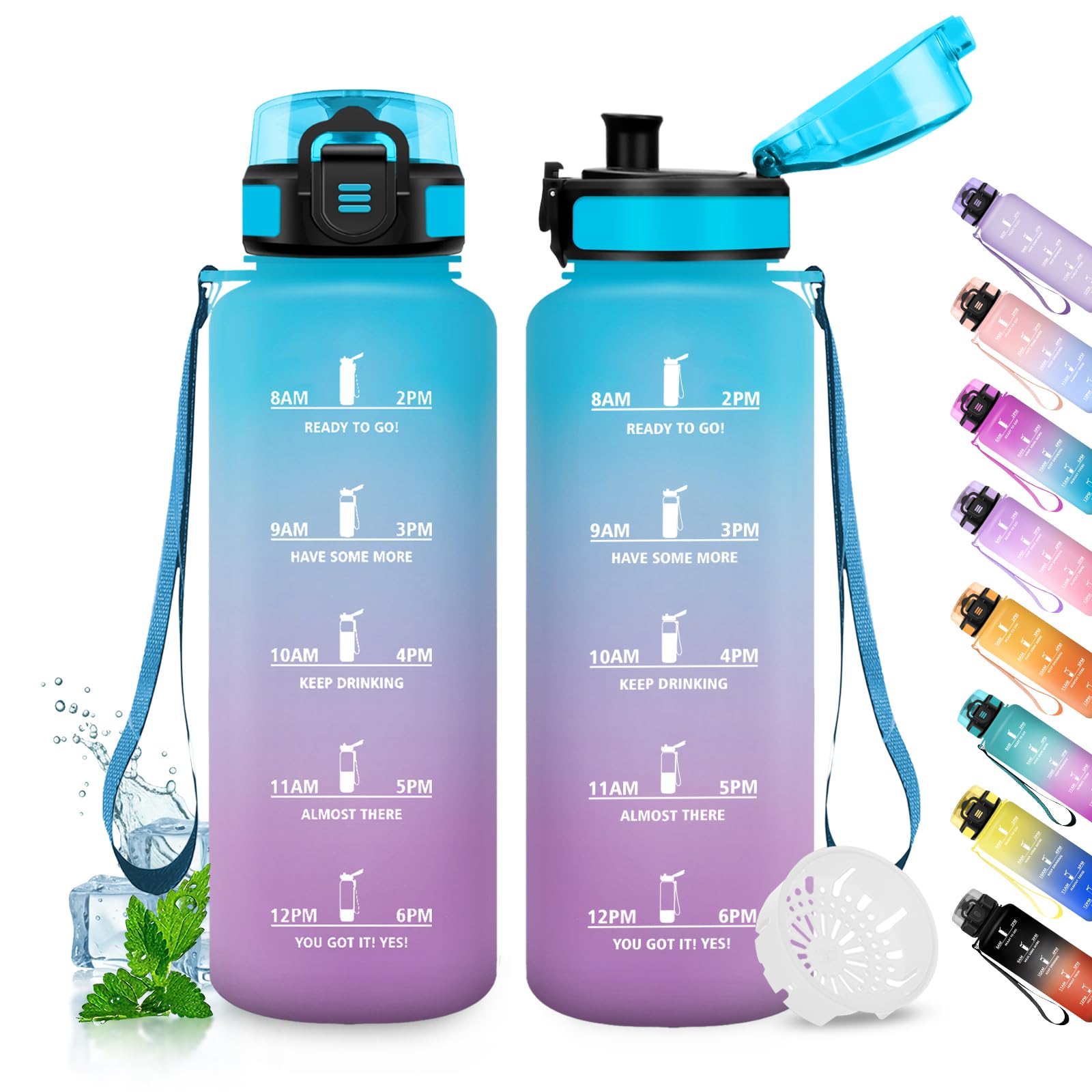 JAPORIA 1.5L Water Bottle with BPA-Free Filter, Motivational Water Bottle with Time Marker, Leakproof and Reusable, for School, Sport, Office, Camping