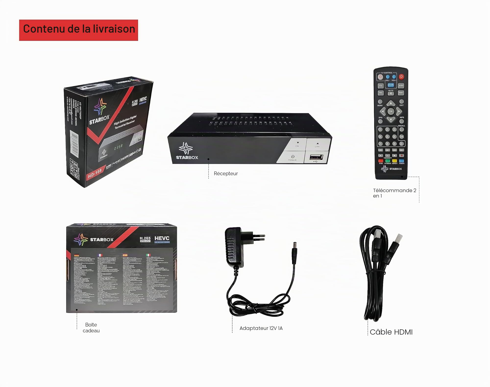 Décodeur TNT HD Star Box DVB-T2 DVB-C H.265 Full HD 1080p USB HDMI péritel télécommande 2 en 1