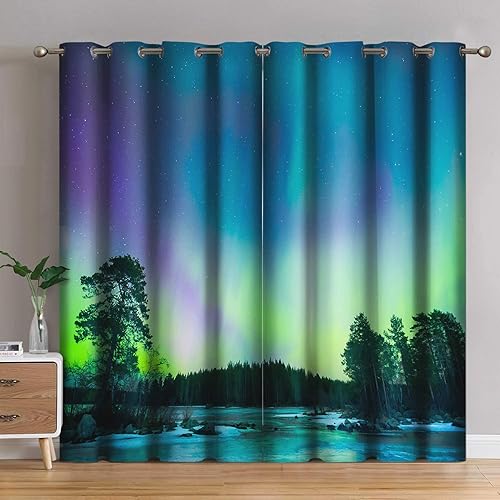 Jekeno Aurora - Cortinas opacas coloridas auroras boreales, con estampado de luces del norte en el cielo, con ojales para dormitorio, sala de estar,