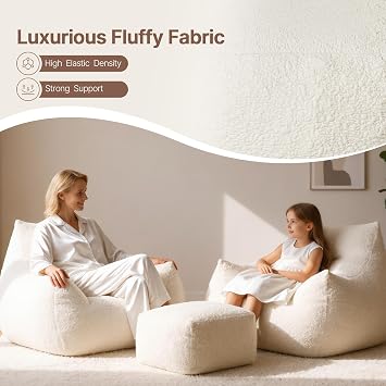 KISLOT Cloud Large Bean Bag Chair with Ottoman for Adults,Ultra Soft Bean Bag with Armrests,Stuffed BeanBag Chair for Napping, Gaming,Vacuum-Compressed for Easy Gifting,48 Hours to Fluffs Up,Beige
