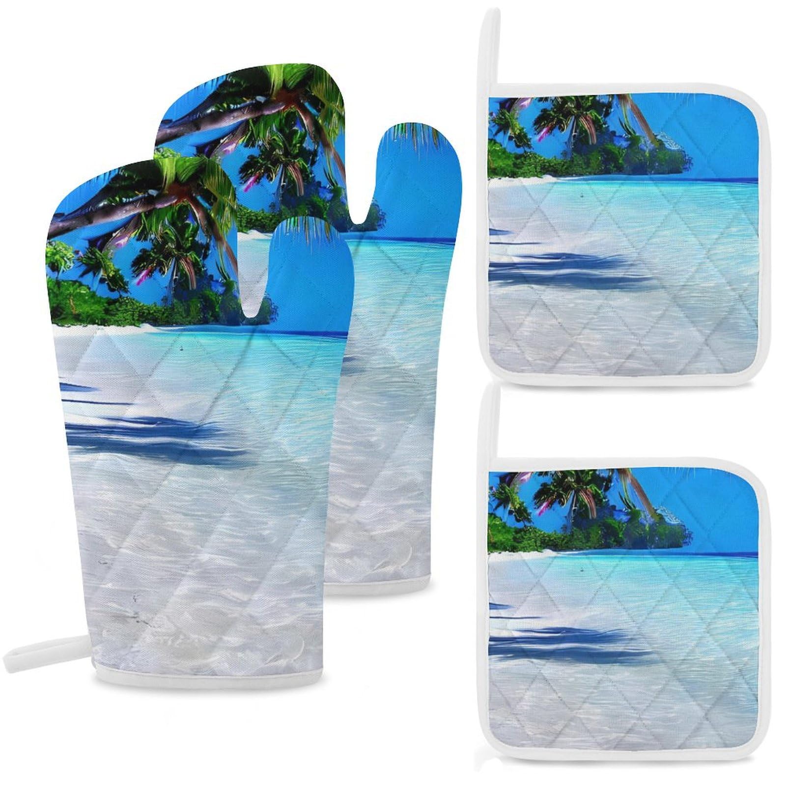 Gants de cuisine isolants contre la chaleur et maniques à motif tropical de plage