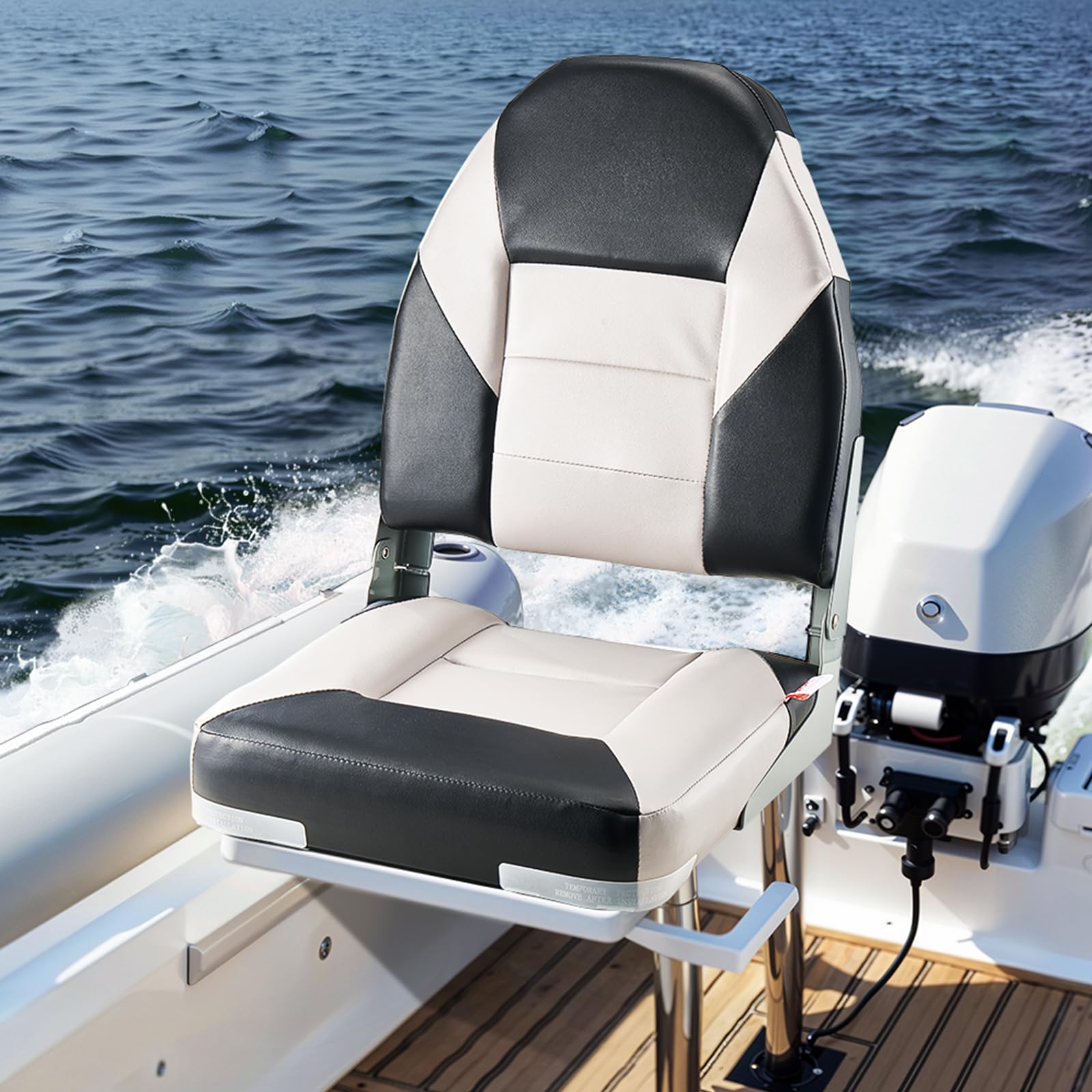 VEVOR Asiento de Barco con Respaldo Alto 2 Piezas Silla de Barco de Pesca Plegable con Cojín de Esponja Espesa y Cuero de PVC Impermeable Asiento de Bote Abatible para Barcos, Yates, Negro y Gris