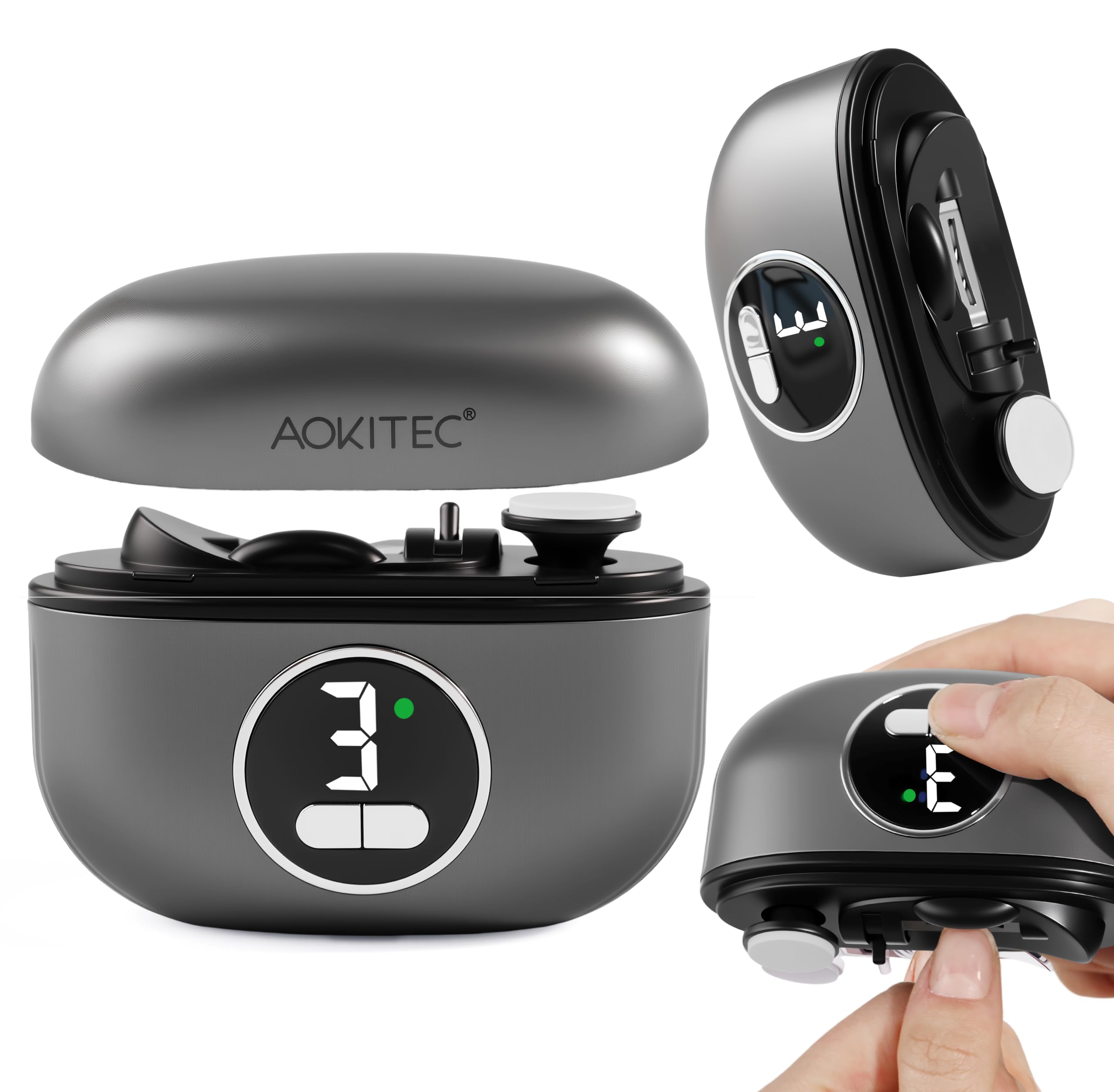 Aokitec Elektrischer Nagelknipser mit doppeltem Sicherheitsklingendesign LED-Licht 3-Speed, 2-in-1 Nagelschneider, Elektrische Nagelfeile, 100% Hautsicher für Senioren & schwachen Griff, Grau