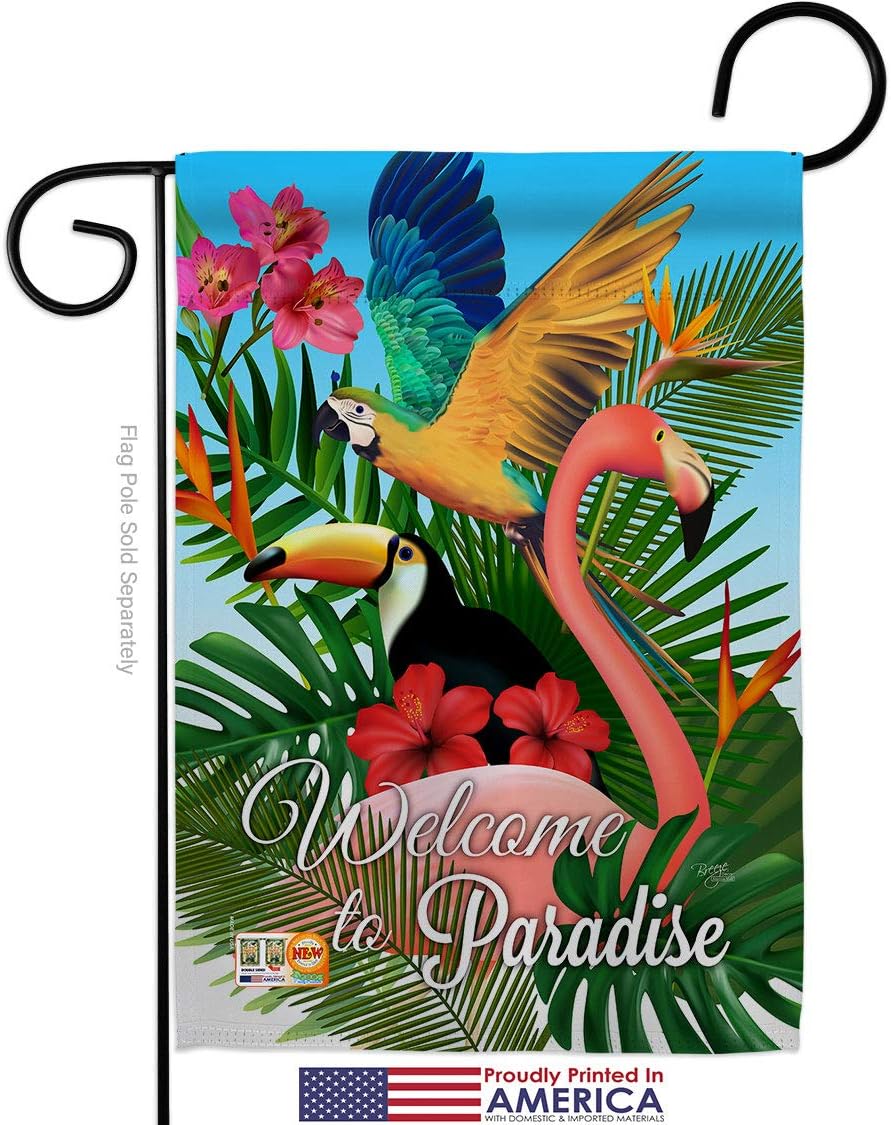 Breeze Decor Tropical Bird Paradise Garden Flag Set Wall Holder Summertime Ocean Beach Seashells Pineapple Outdoor Summer Aloha Small Decorative Gift Yard House Banner Made in USA 13 X 18.5