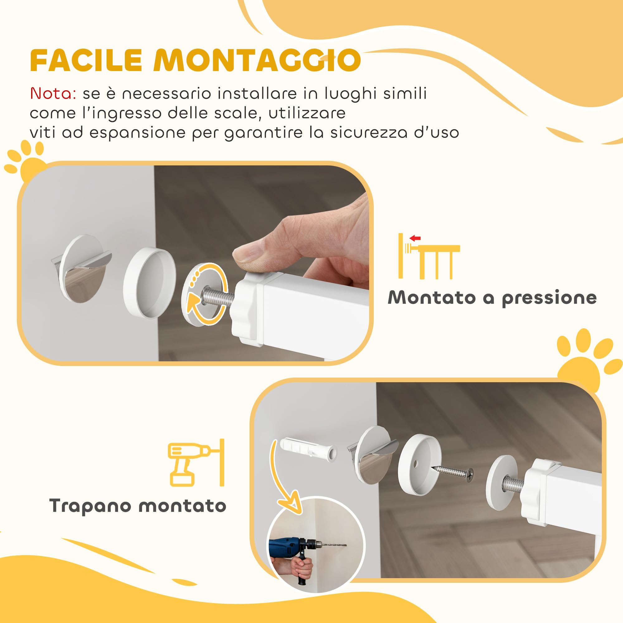 PawHut Cancello per Cani e Gatti Estensibile con Gattaiola Integrata, Cancellino per Cani in Acciaio e ABS, 75-85x2x76 cm, Bianco
