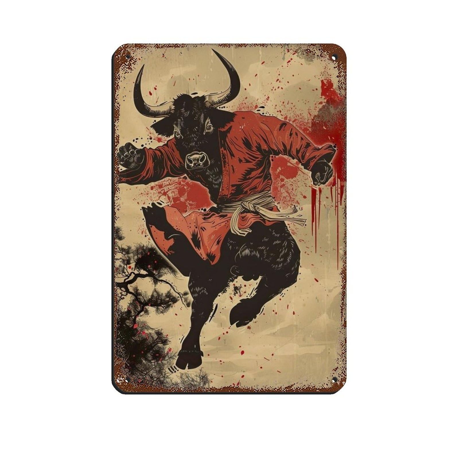Lxwnze 20L X 30W Cm Ninja Cow Throwing A Karate Kick, Tin Sign Vintage Metal Pub Club Cafe Bar Home Wall Art Decoration Poster Retro 8X12inch(20X30cm)